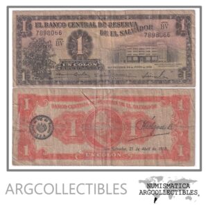 El Salvador Billete 1 Colon 1959 P-186 F (Serie BV)