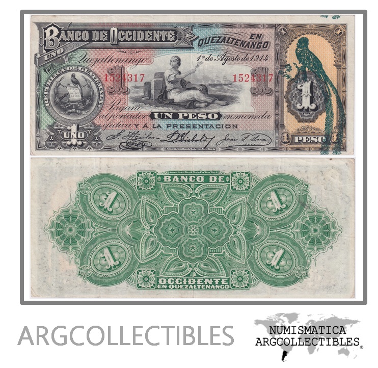 Guatemala Billete 1 Peso 1914 P-S-173c XF (Banco de Occidente)