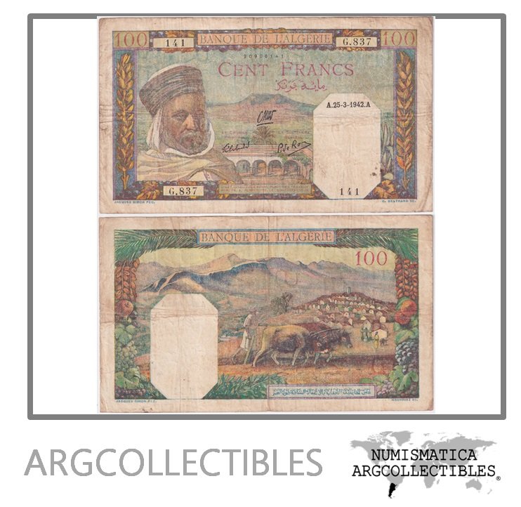 Argelia Billete 100 Francos 1942 P-85 F+