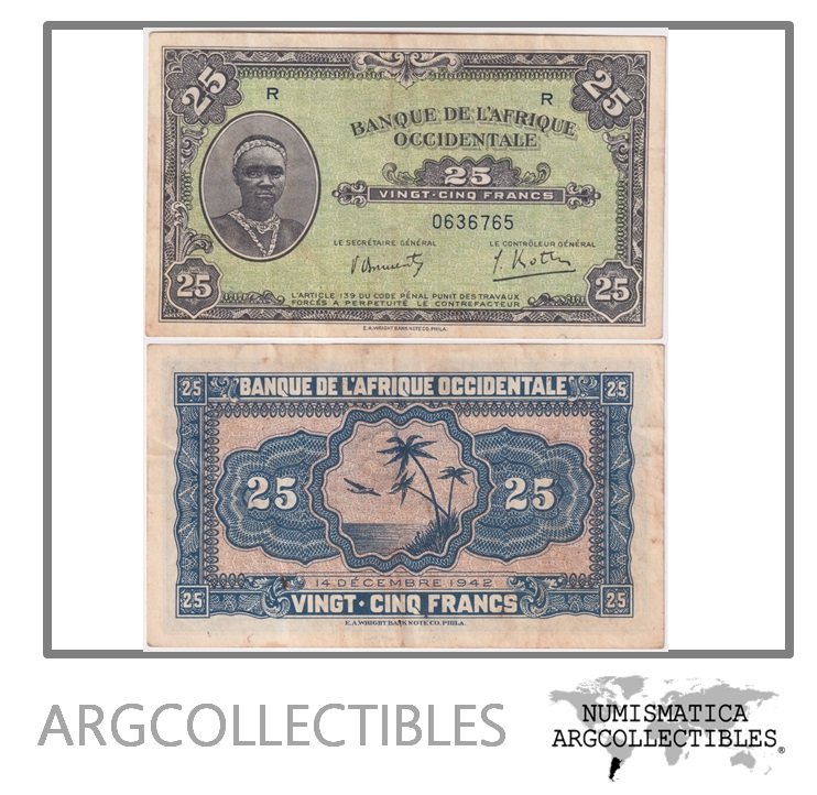 Africa Occidental Francesa Billete 25 Francos 1942 P-30a VF+