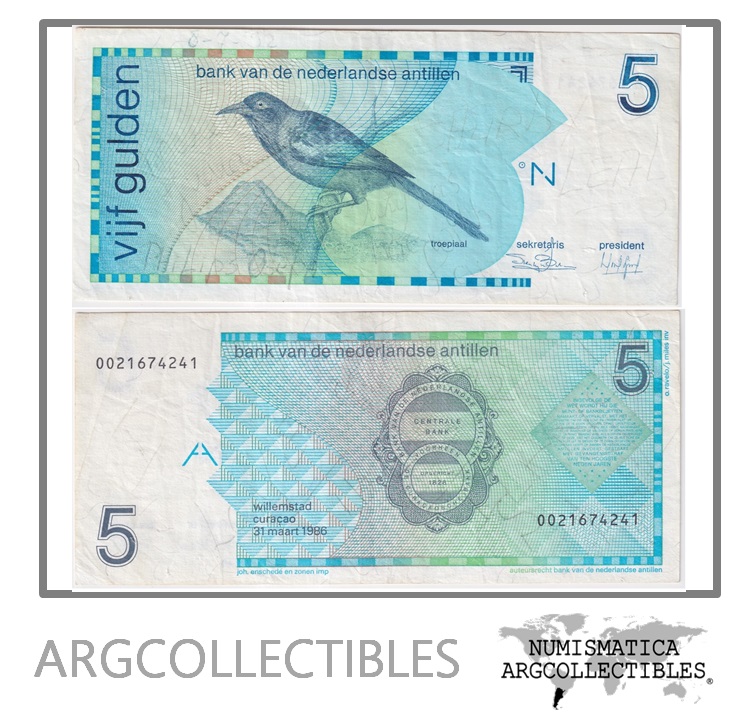 Antillas Holandesas Billete 5 Gulden 1986 P-22 VF (Escrito)