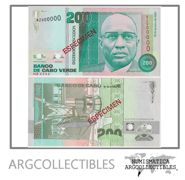 Cabo Verde Billete 200 Escudos 1989 P-58s UNC (Specimen)