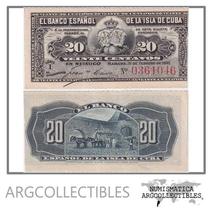 Cuba Billete 20 Centavos 1896 P-53 AU (Rotos Recortados)
