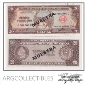 Republica Dominicana Billete 20 Pesos Oro 1972 P-102s UNC (Specimen)