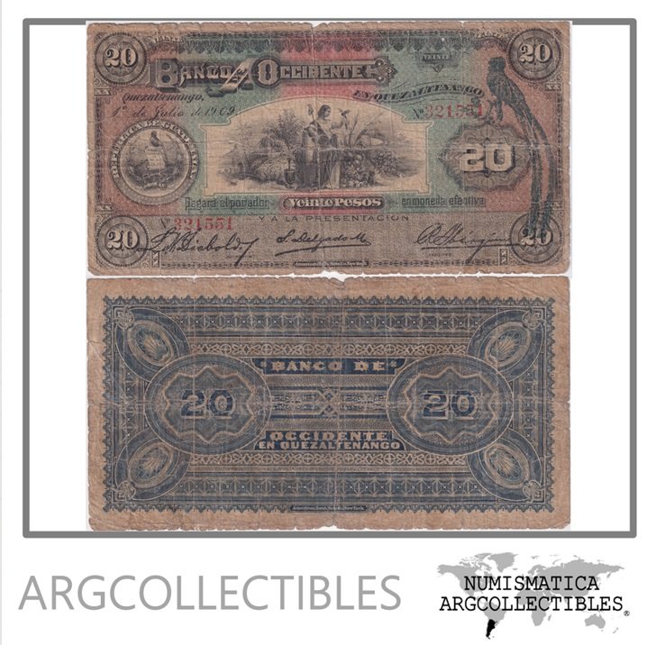 Guatemala Billete 20 Pesos 1909 P-S-179 VG (Banco de Occidente)