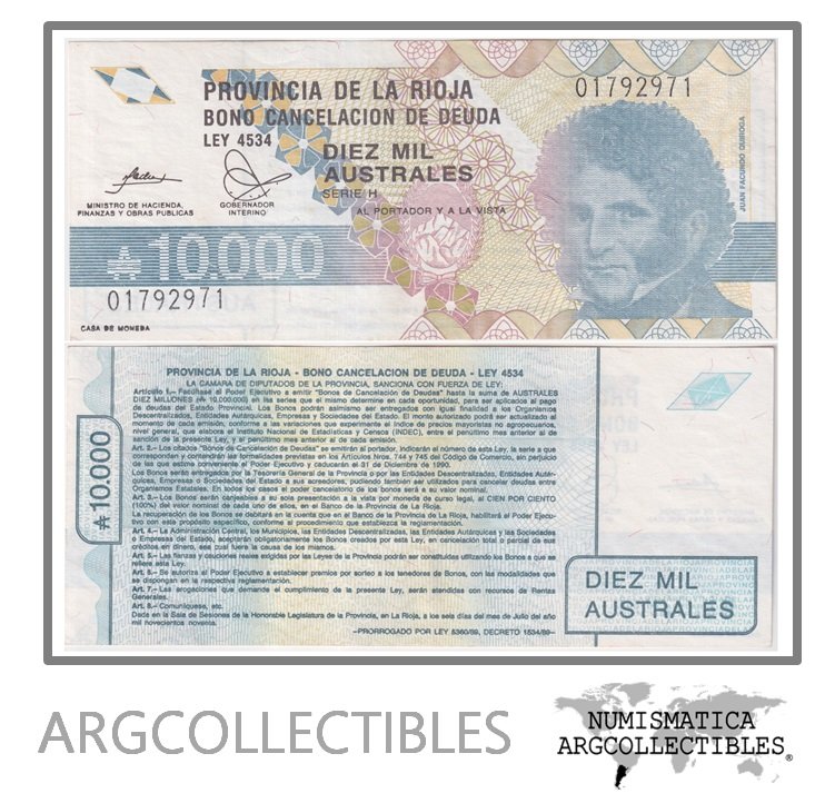 Argentina Billete 10.000 Australes 1986 EC-044 AU (Bono La Rioja)