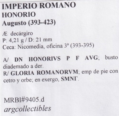 Imperio Romano Moneda AE Decargiro 393 Honorio Aug. MRBI-9405.d - Imagen 2