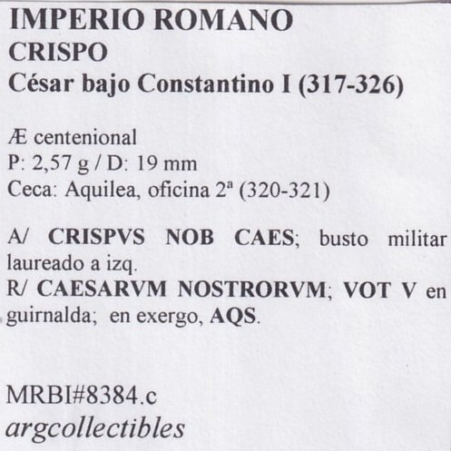 Imperio Romano Moneda AE Centenional 317 Crispo MRBI-8384.c - Imagen 2