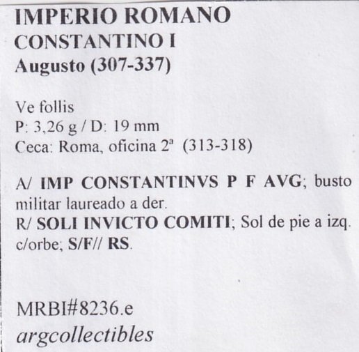 Imperio Romano Moneda VE Follis 307 Constantino I, MRBI-8236.e - Imagen 2