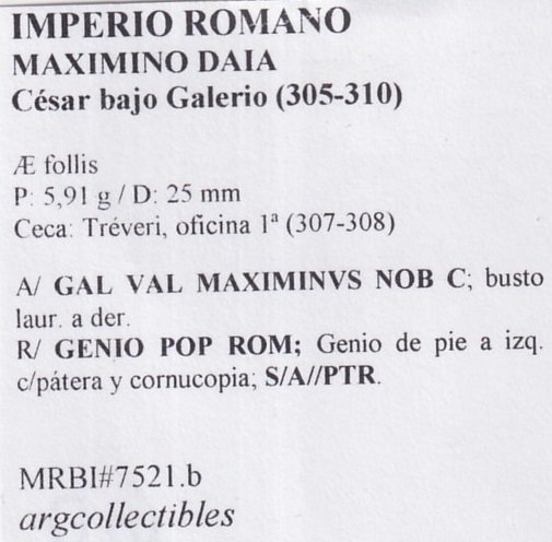 Imperio Romano Moneda Ae Follis 305 Maximo Daia, MRBI-7521.b - Imagen 2