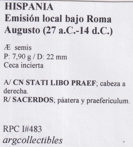 Hispania Moneda AE Semis 27 a.C. Emision Local Bajo Roma Augusto RPC-I-483 - Imagen 2
