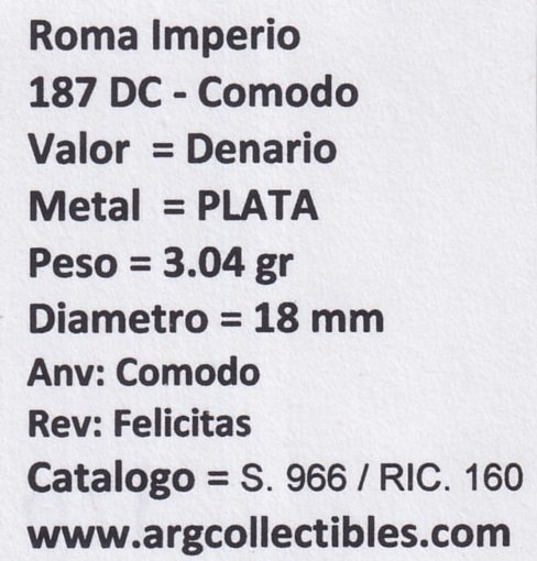 Roma Imperio Moneda Denario Comodo 187 DC S. 966/RIC-160 - Imagen 2