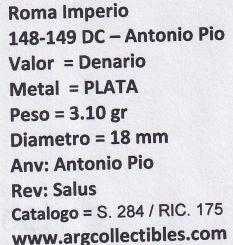 Roma Imperio Moneda Denario 148 DC -Antonio Pio S.284/RIC.175 - Imagen 2