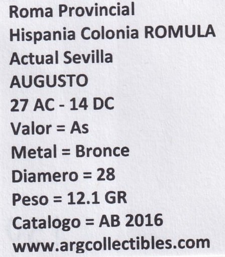 Roma Provincial Moneda AS 27 a.c Hispania Colonia Romula AB-2016 - Imagen 2