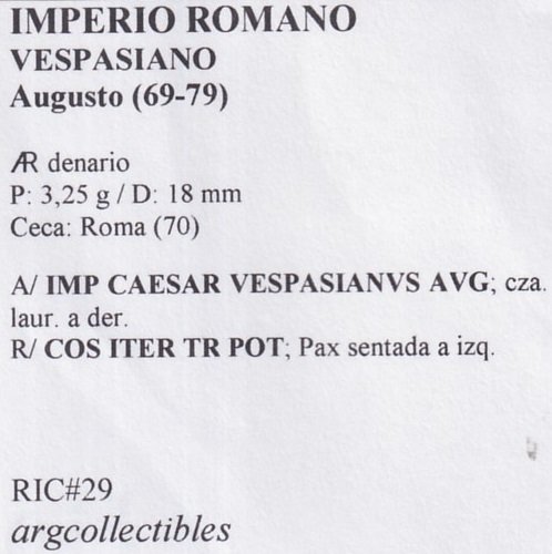 Imperio Romano Moneda AR Denario 69-79 Vespasiano RIC#29 - Imagen 2