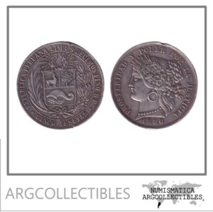 Peru Moneda 5 Pesetas 1880 Plata 900 KM-201 VF (Soldadura Canto)