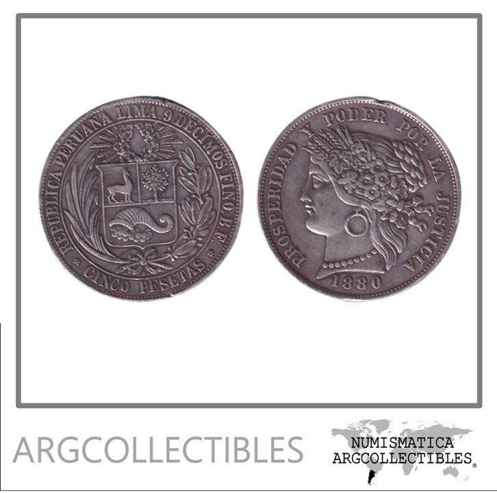 Peru Moneda 5 Pesetas 1880 Plata 900 KM-201 VF (Soldadura Canto)