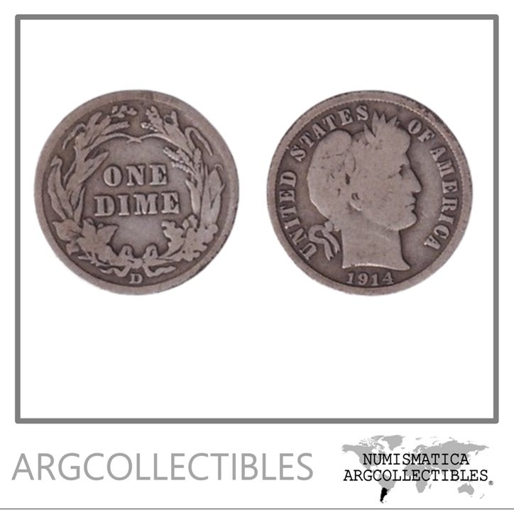 Usa Moneda 1 Dime 1914 D Barber Plata 900 KM-113 F+