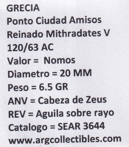 Grecia Moneda Nomos 120/63 A.C Ponto Ciudad Amisos Mithradartes Sear-3644 - Imagen 2