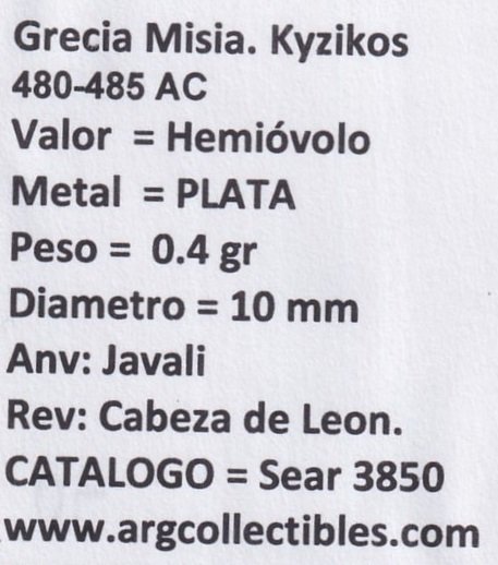 Grecia Misia Moneda Hemiovolo 480 a.C Kyzikos Sear-3850 - Imagen 2