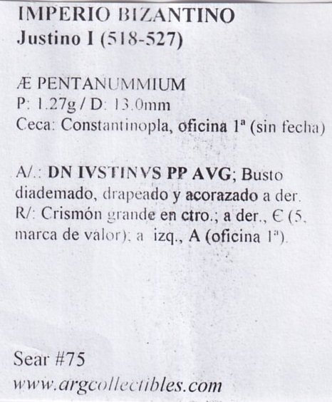 Imperio Bizantino Moneda AE Pentanummium 518-527 Justino I Sear-75 - Imagen 2