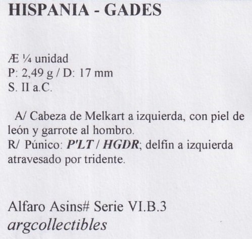Hispania - Gades Moneda AE 1/4 Unidad II a.C. Alfaro Asin-Serie VI.B.3 - Imagen 2