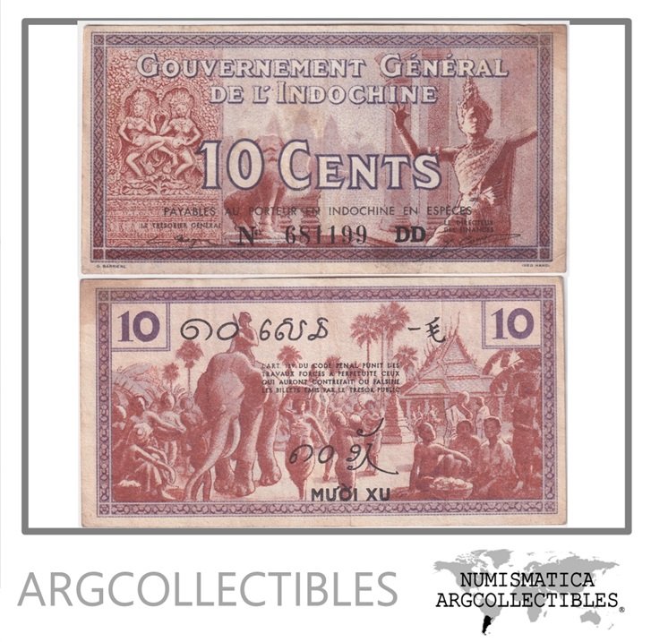 Indochina Francesa Billete 10 Centavos 1939 P-85d VF+