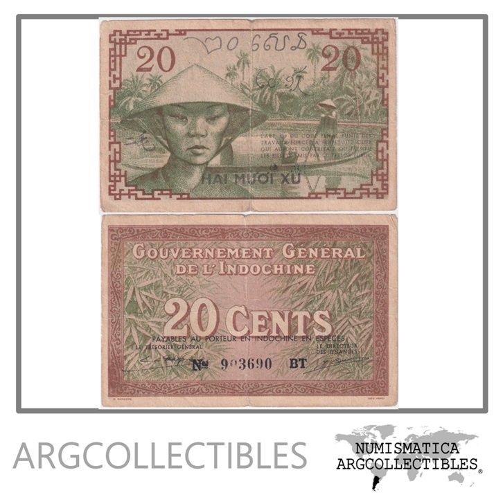 Indochina Francesa Billete 20 Centavos 1939 P-86d F+