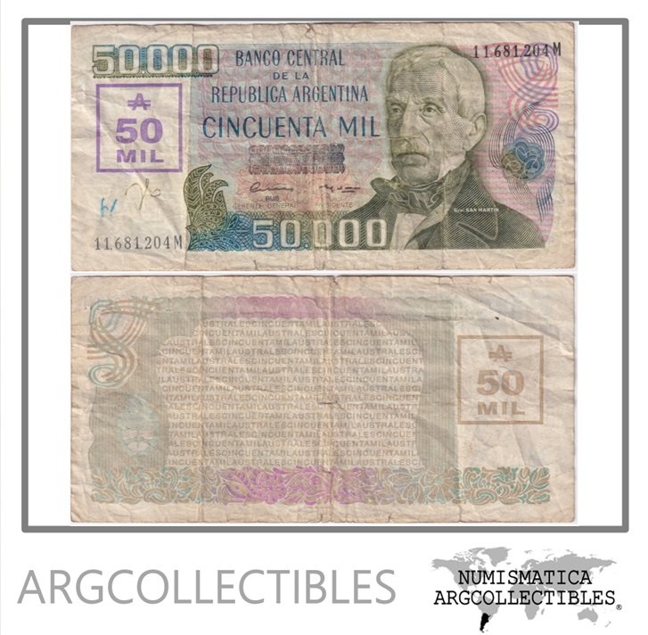 Argentina Billete 50.000 Australes 1989 P-332/BOT-2884 F+ (Serie M)
