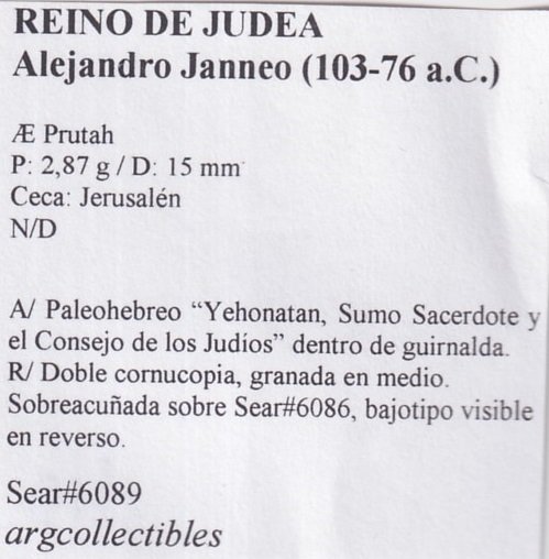 Reino de Judea Moneda AE Prutah 103 a.C. Alejandro Janneo Sear-6089 - Imagen 2