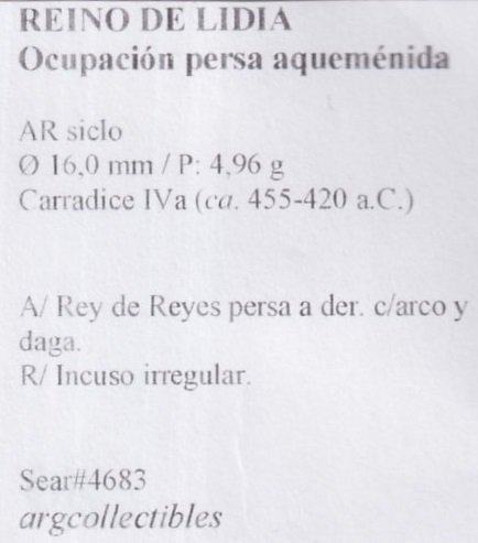 Reino de Lidia Moneda AR Siclo 455 a.C. Ocupacion Persa aquemenida Sear-4683 - Imagen 2