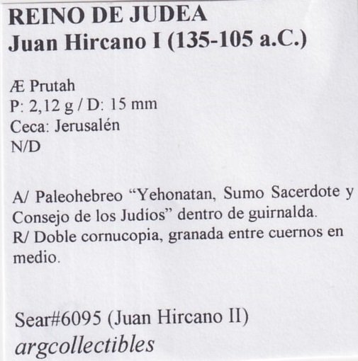 Reino de Judea Moneda AE Prutah 135 a.C. Juan Hircano I Sear-6095 (Juan Hircano II) - Imagen 2