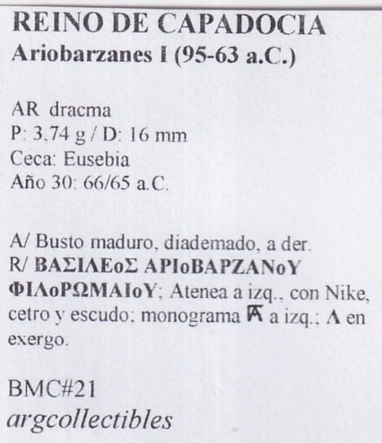 Reino de Capadocia Moneda AR Dracma 95-63 a.C. Ariobarzanes I, BMC-21 - Imagen 2