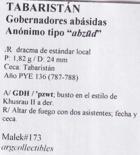 Tabaristan Moneda AR Dracma 787 Gobernadores abasidas Malek-173 - Imagen 2