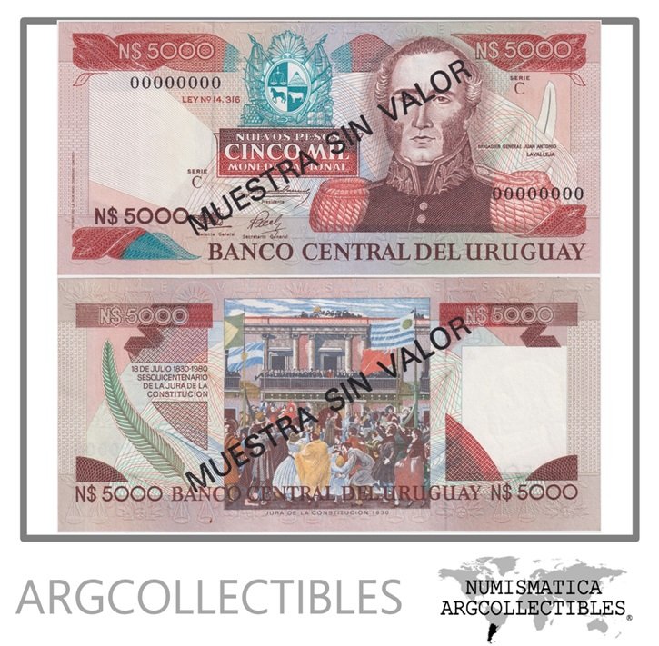 Uruguay Billete 5.000 Nuevos Pesos 1987 P-65as UNC (Serie C) (Specimen)