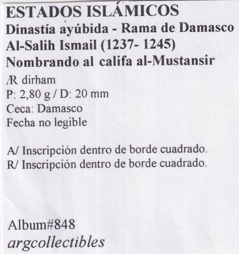 Estados Islamicos Moneda AR Dirham 1237-1245 Dinastia ayubida Album-848 - Imagen 2