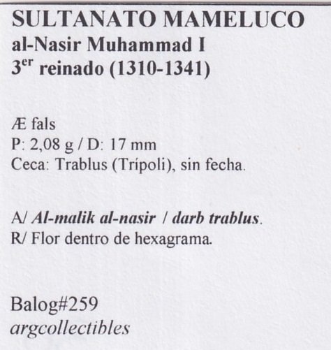 Sultanato Mameluco Moneda AE Fals 1310-1341 al-NasirMuhammad I, Balog-259 - Imagen 2
