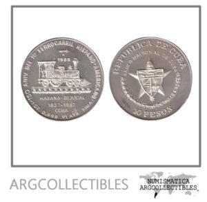 Cuba Moneda 10 Pesos 1988 / 150 1er Aniversario Ferrocarril Plata 999 KM-205 Proof
