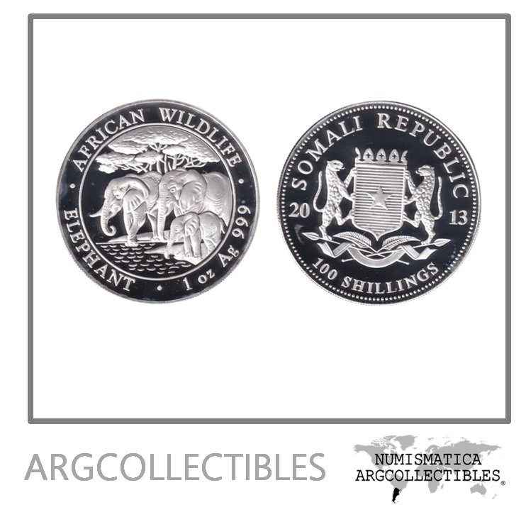 Somalia Moneda 100 Shillings 2013 Elefantes Plata 999 Proof