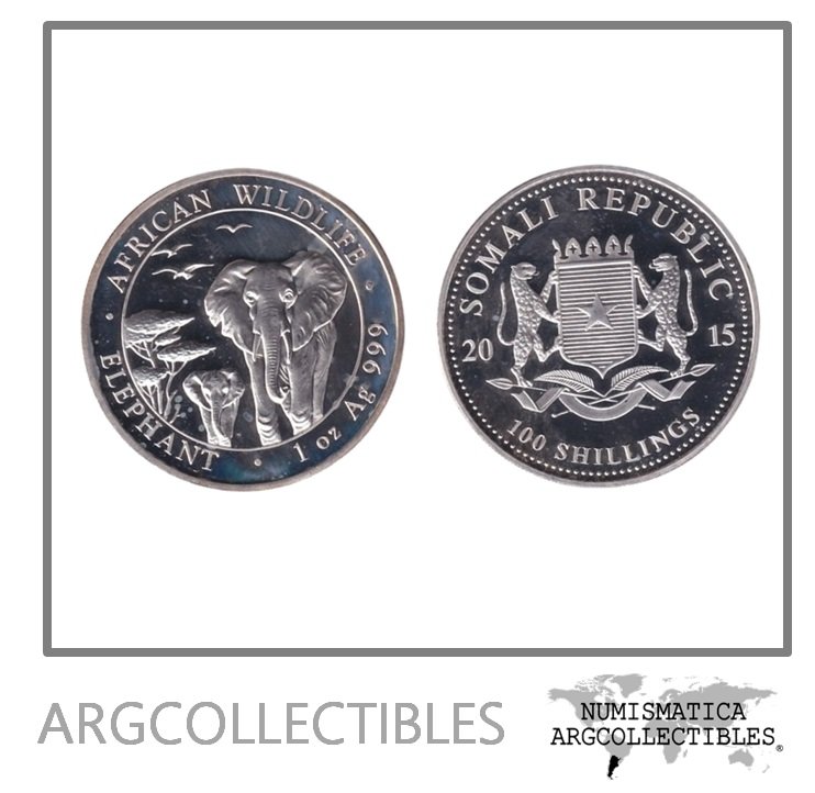 Somalia Moneda 100 Shillings 2015 Elefantes Plata 999 Proof