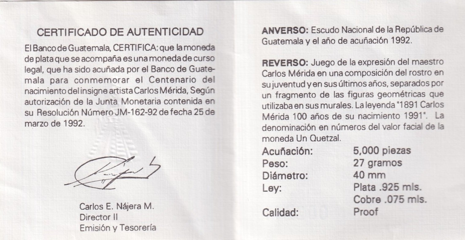 Guatemala Moneda 1 Quetzal 1992 Plata 925 Carlos Merida Proof - Imagen 2