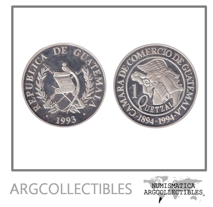 Guatemala Moneda 1 Quetzal 1993 Plata 900 Camara de Comercio Proof