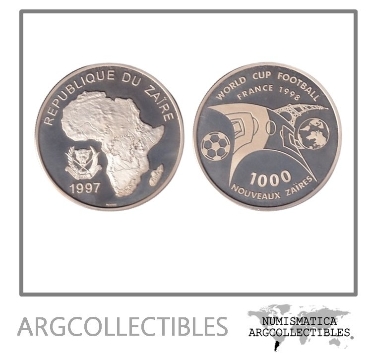 Zaire Moneda 1.000 Nuevos Zaires 1997 Mundial Futbol Francia 98 Plata 925 KM-28 Proof