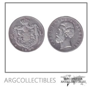 Rumania Moneda 5 Lei 1882 B Plata 900 Rey Carlos I KM-17.1 VF