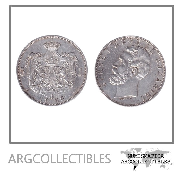 Rumania Moneda 5 Lei 1883 B Plata 900 Rey Carlos I KM-17.1 VF+