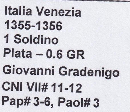 Italia (Venecia) Moneda 1 Soldino 1355-1356 Plata Giovanni Gradenigo Pap-3-6 , Paol-3 - Imagen 2
