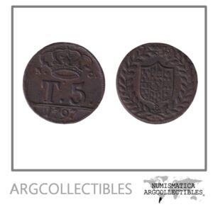 Italia Napoli Moneda 5 Tornesi 1797 P/RC Fernando IV Cobre KM-222 AU