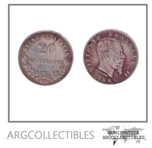 Italia Moneda 20 Centesimos 1863 MBN Vitorio Emanuele II Plata 835 KM-13.1 VF+