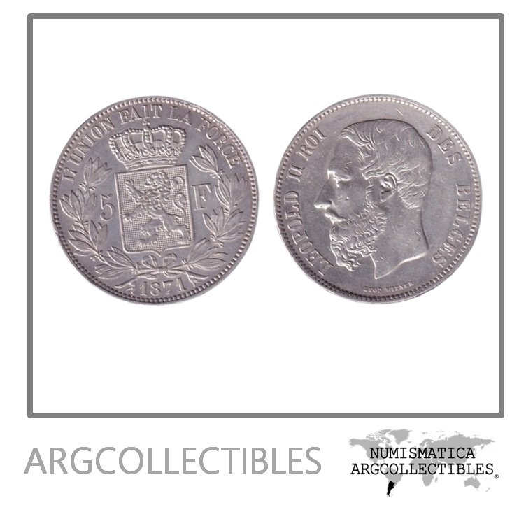 Belgica Moneda 5 Francos 1871 Plata 900 Rey Leopoldo II KM-24 AU