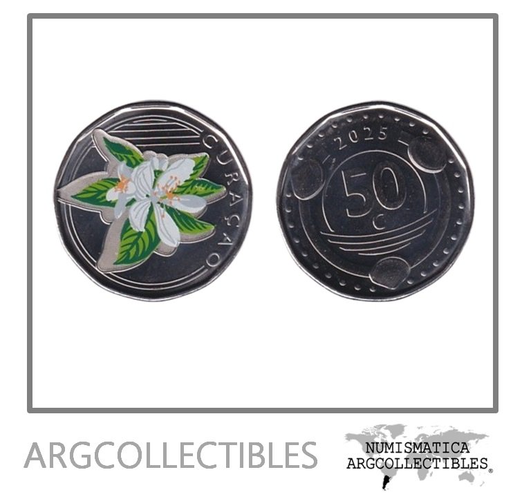 Curacao Moneda 50 Centavos 2025 Acero Color Flor Naranja UNC
